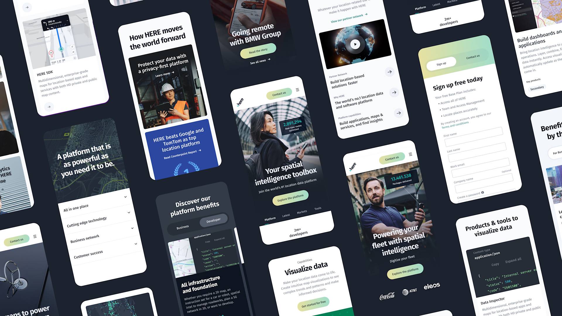 A collage of mobile app screens displaying various user interfaces related to spatial intelligence, data visualization, sign-up forms, business solutions, and product features, shown in dark and light themes.