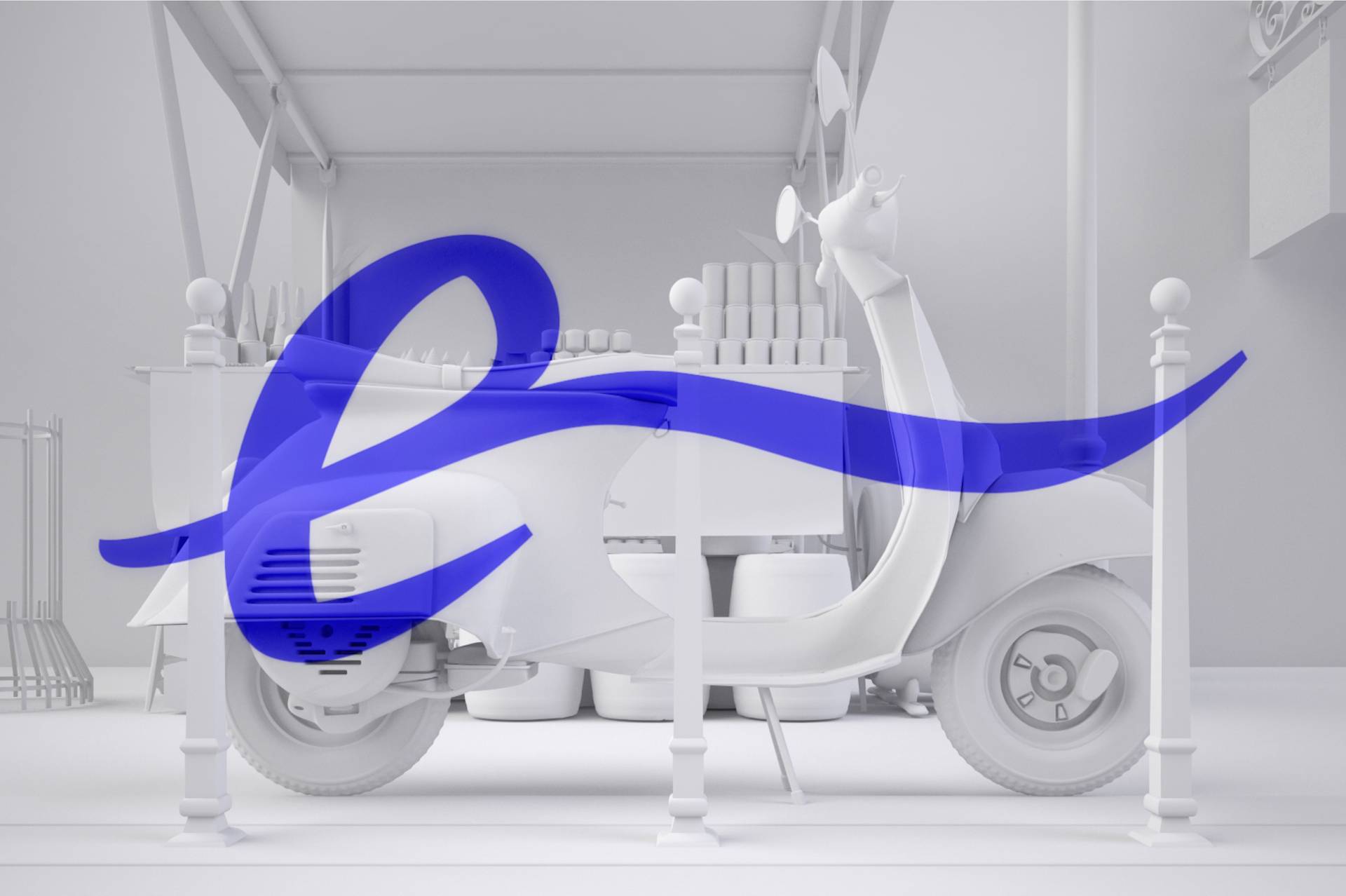 A white, vintage-style scooter is displayed in a minimal, monochrome setting with shelves in the background. A large, flowing blue brushstroke is overlaid across the image.