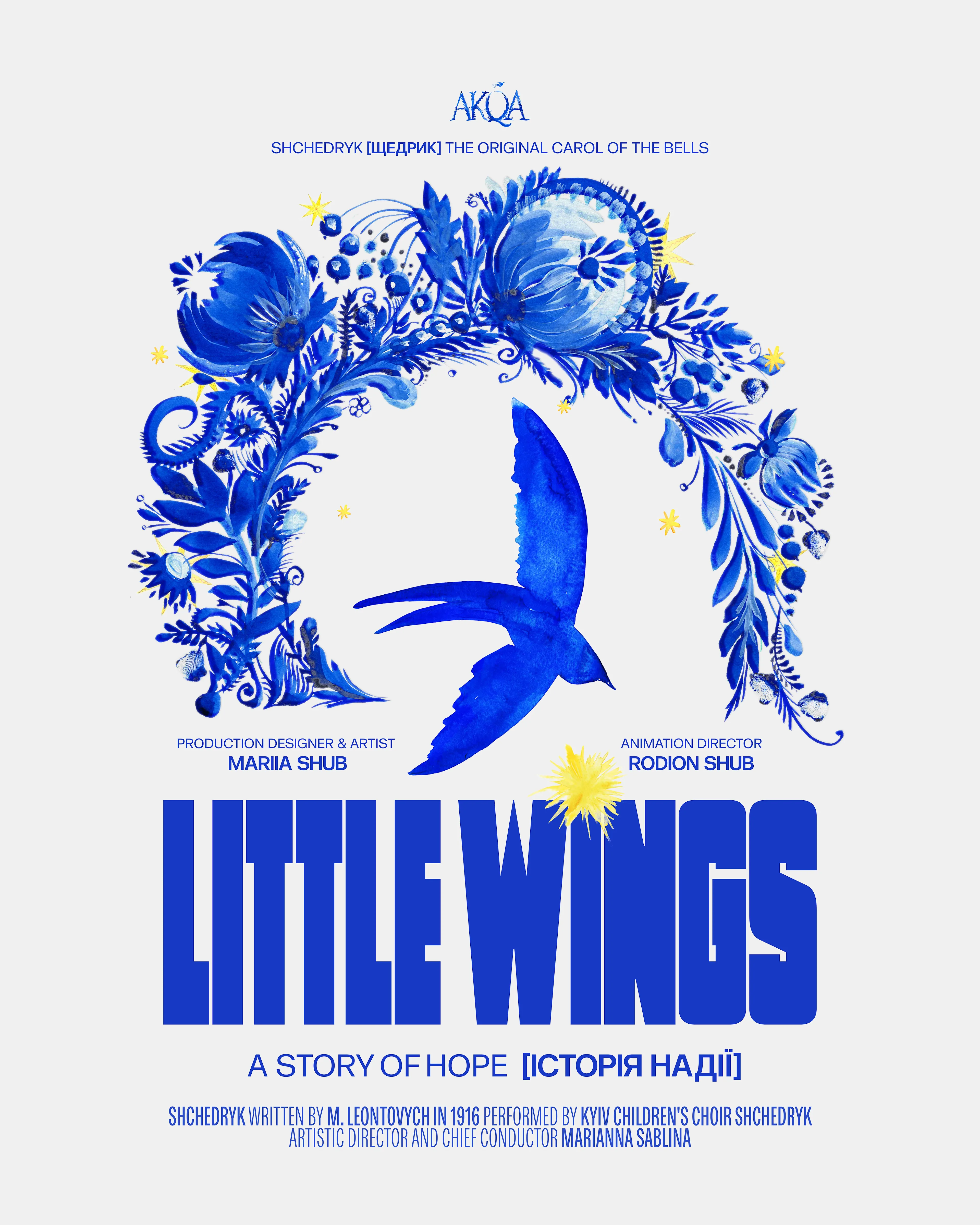 Poster for Little Wings: A Story of Hope shows a blue bird flying beneath a floral wreath. Text in English and Ukrainian credits Maria Shub, Rodion Shub, and Marianna Sablina. Title is bold in blue letters.