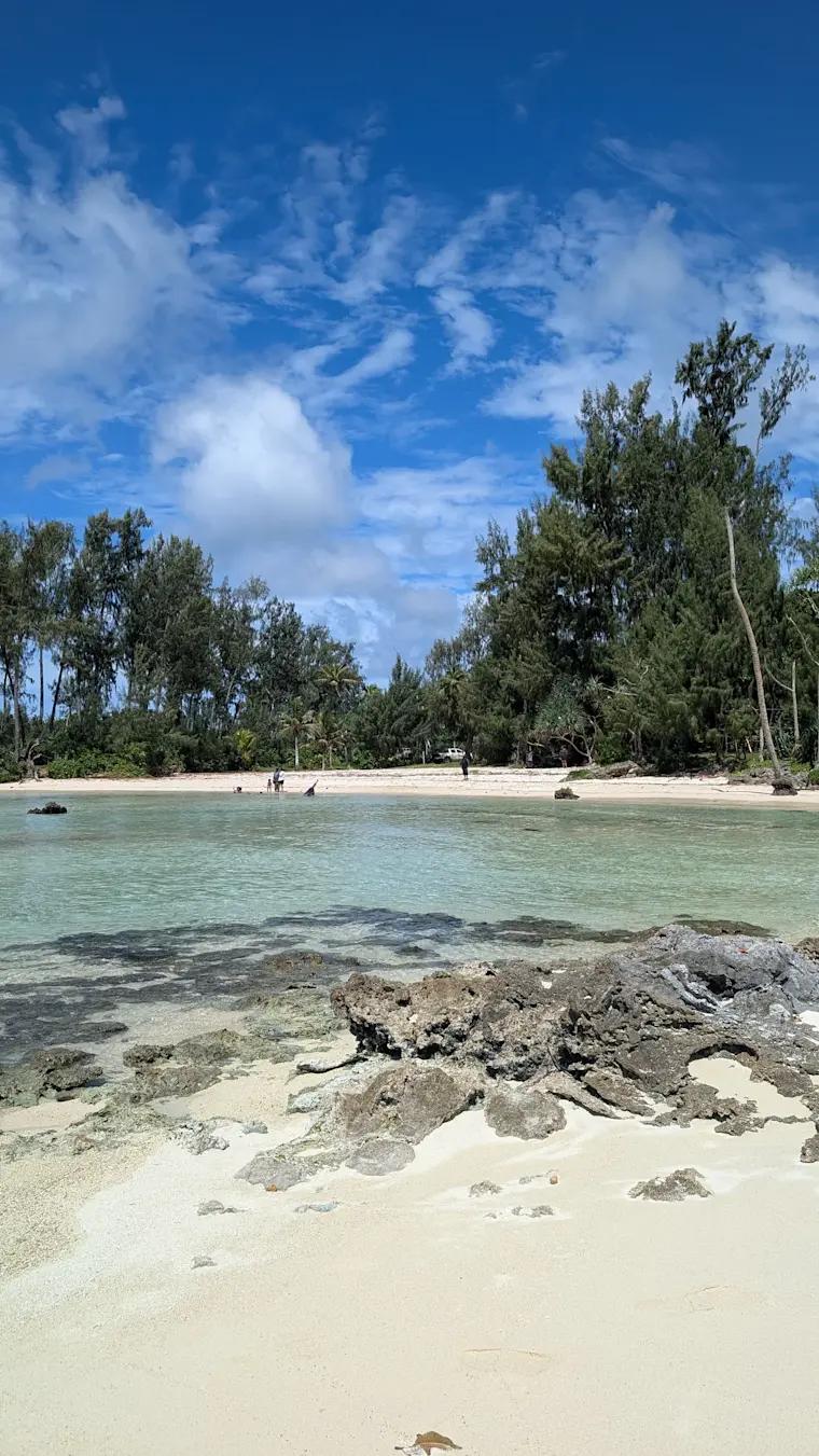 Een idyllisch tropisch strandje met kristalhelder turquoise water, witte zandstranden, zwarte rotsen en een weelderig groen landschap van palmen en coconutbomen onder een stralende blauwe hemel.