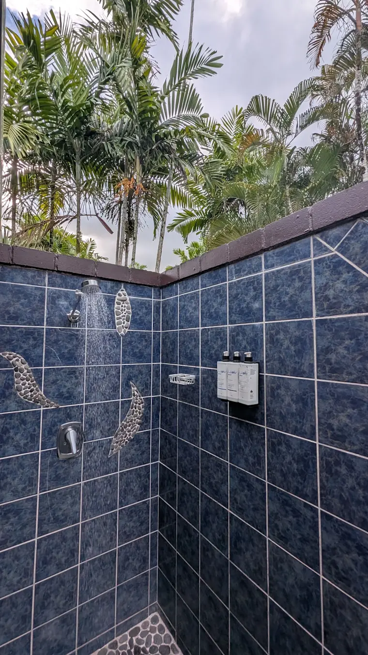 Een luxe buitendouche met donkerblauwe tegels en tropische palmbomen op de achtergrond, perfect voor een exotische vakantiebeleving.