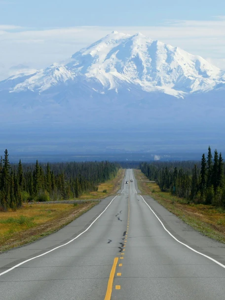 Een lange, rechte snelweg door een uitgestrekt dennenbos voert rechtstreeks naar de besneeuwde top van Mount Denali in Alaska, onder een heldere blauwe hemel.