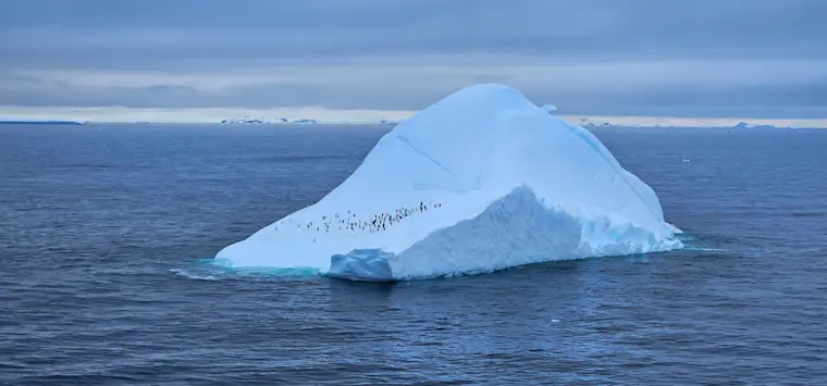 Een indrukwekkende ijsberg drijft in de diepblauwe oceaan met een groep pinguïns op de top, onder een bewolkte poolhemel met bergen aan de horizon.