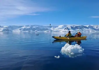 Twee kayakers in een gele kajak navigeren door kristalhelder water langs drijvende ijsbergen met majestueuze sneeuwbedekte bergen op de achtergrond in Antarctica.