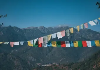 Kleurrijke Tibetaanse gebedsvlaggen wapperen tegen een dramatisch berglandschap met sneeuwtoppen, dichte bossen en een helder blauwe hemel.