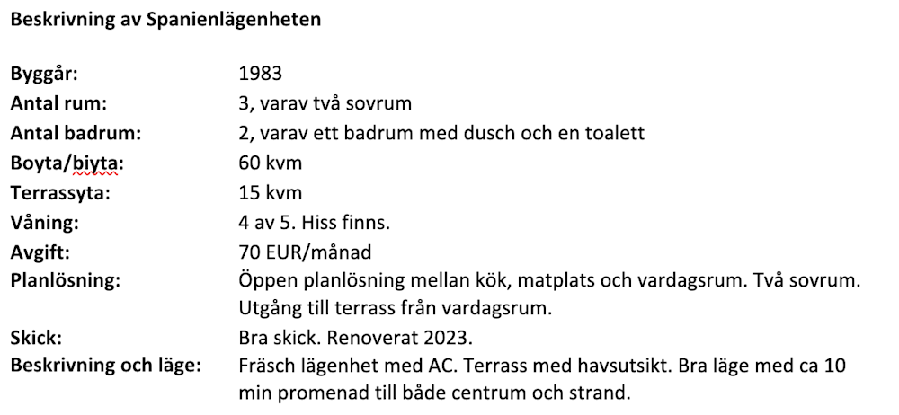Beskrivning av Spanienlägenheten