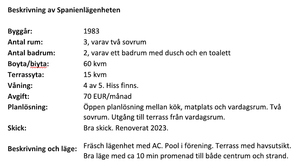 Beskrivning av Spanienlägenheten