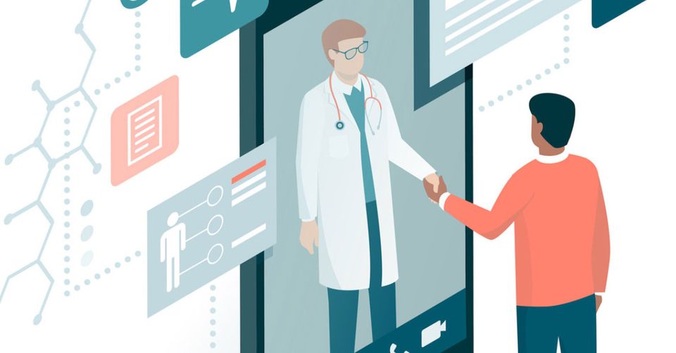 Stock art of doctor and patient shaking hands, while the doctor is behind a phone screen.
