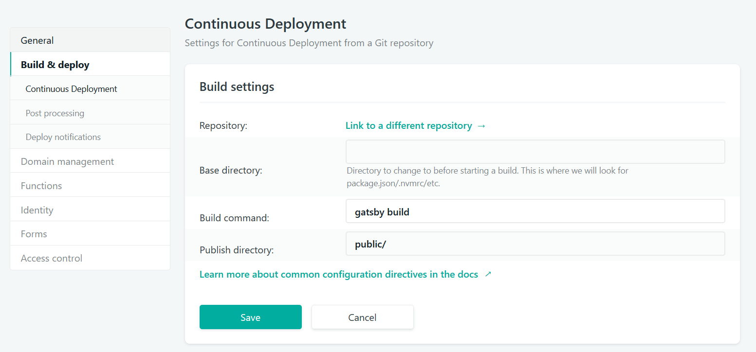 Netlify cont. deploy settings