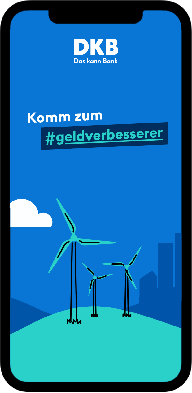 Illustration eines Smartphone mit Windrad und Schriftzug „Komm zum #geldverbesserer“