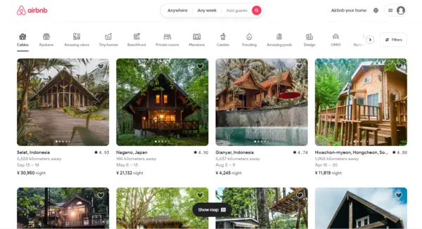 airbnb homepage displaying accommodation options