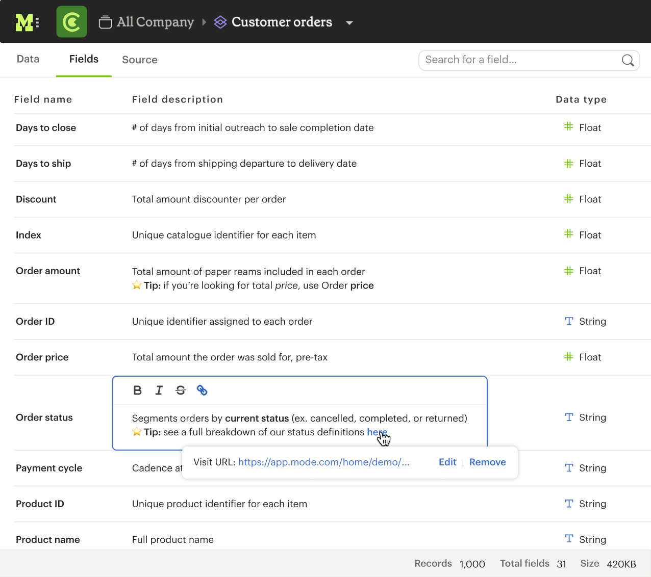 Data View Fields