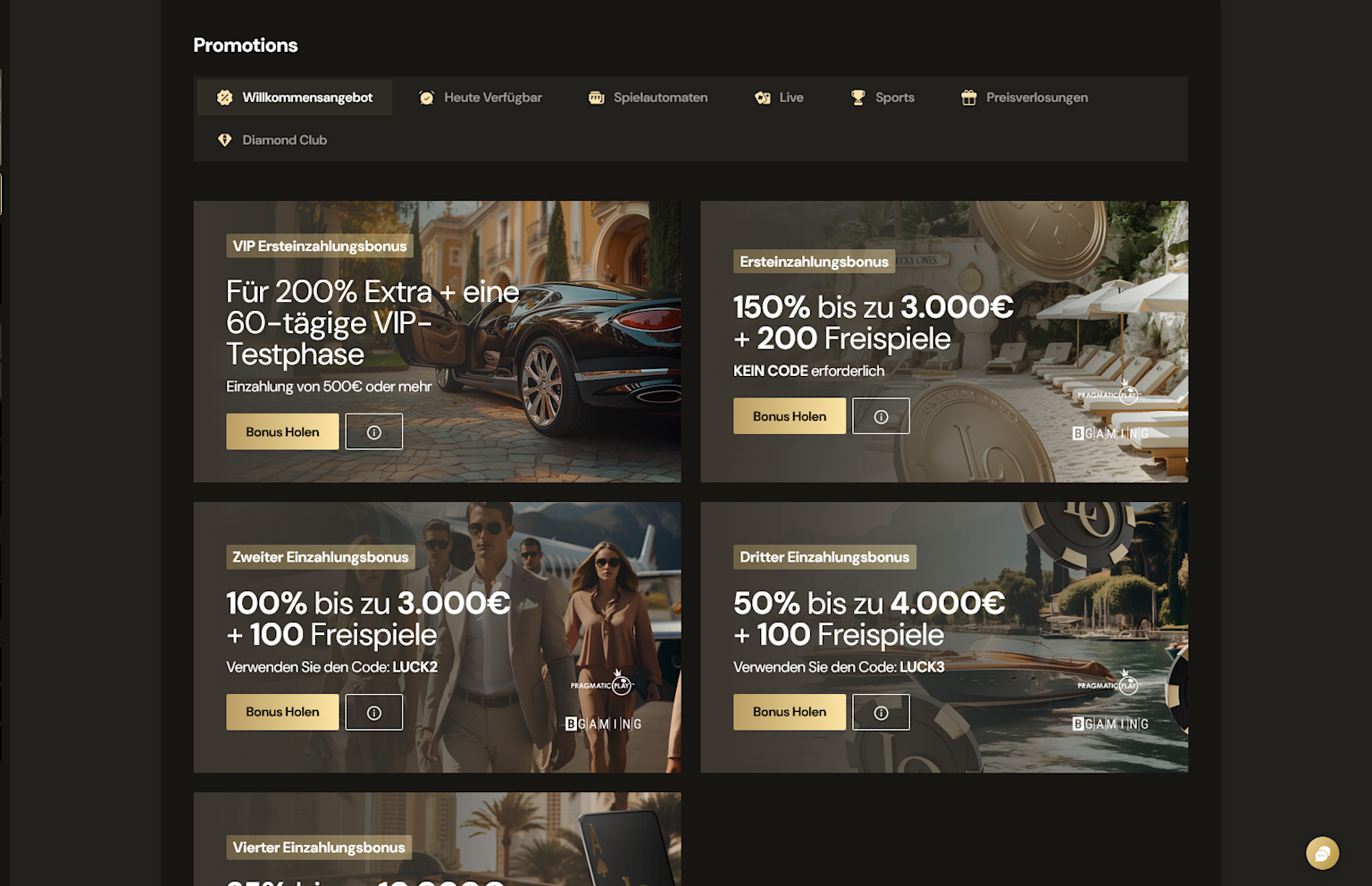 Screenshot of the bonus offers at Lucky Ones