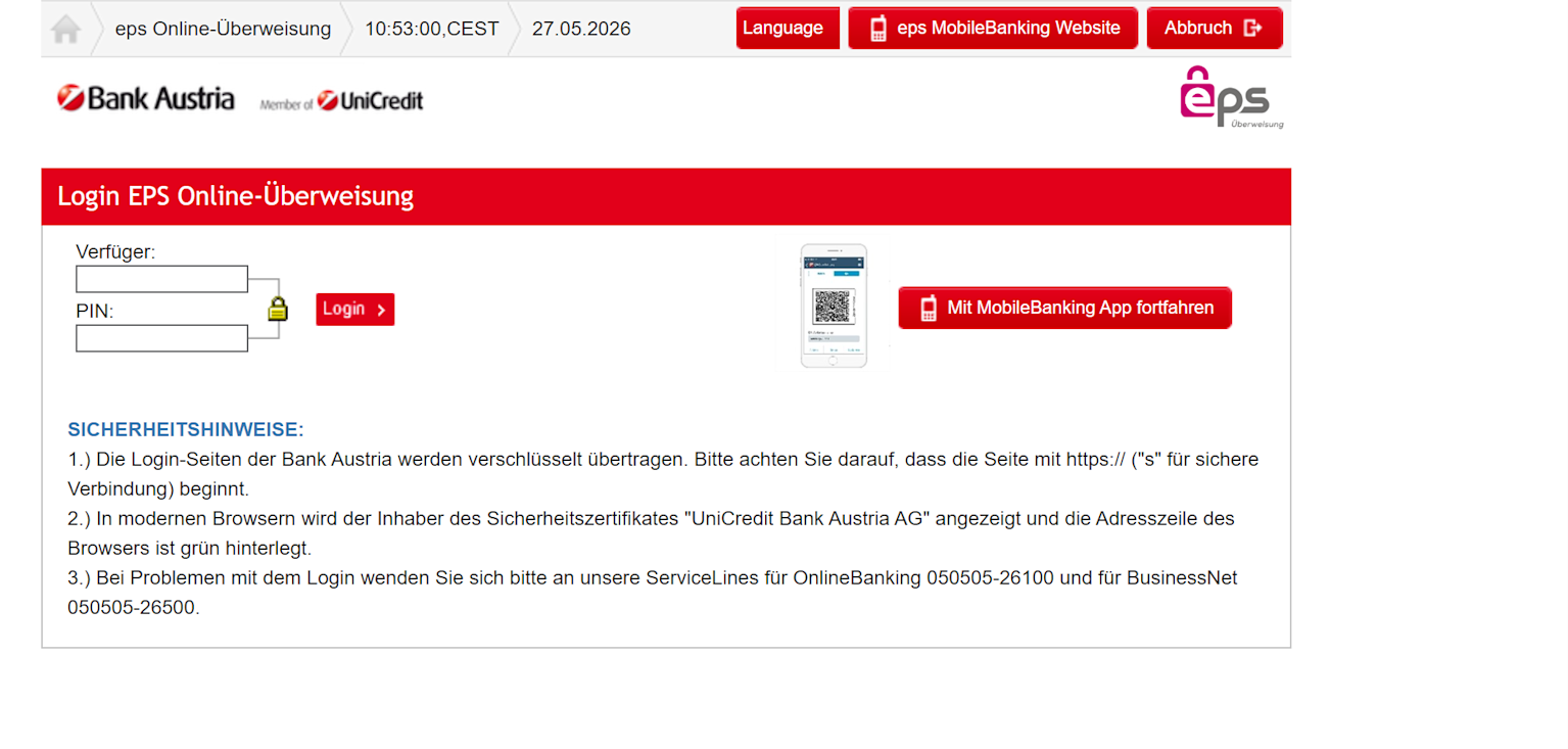Screenshot of online banking login to pay via eps at 888Casino