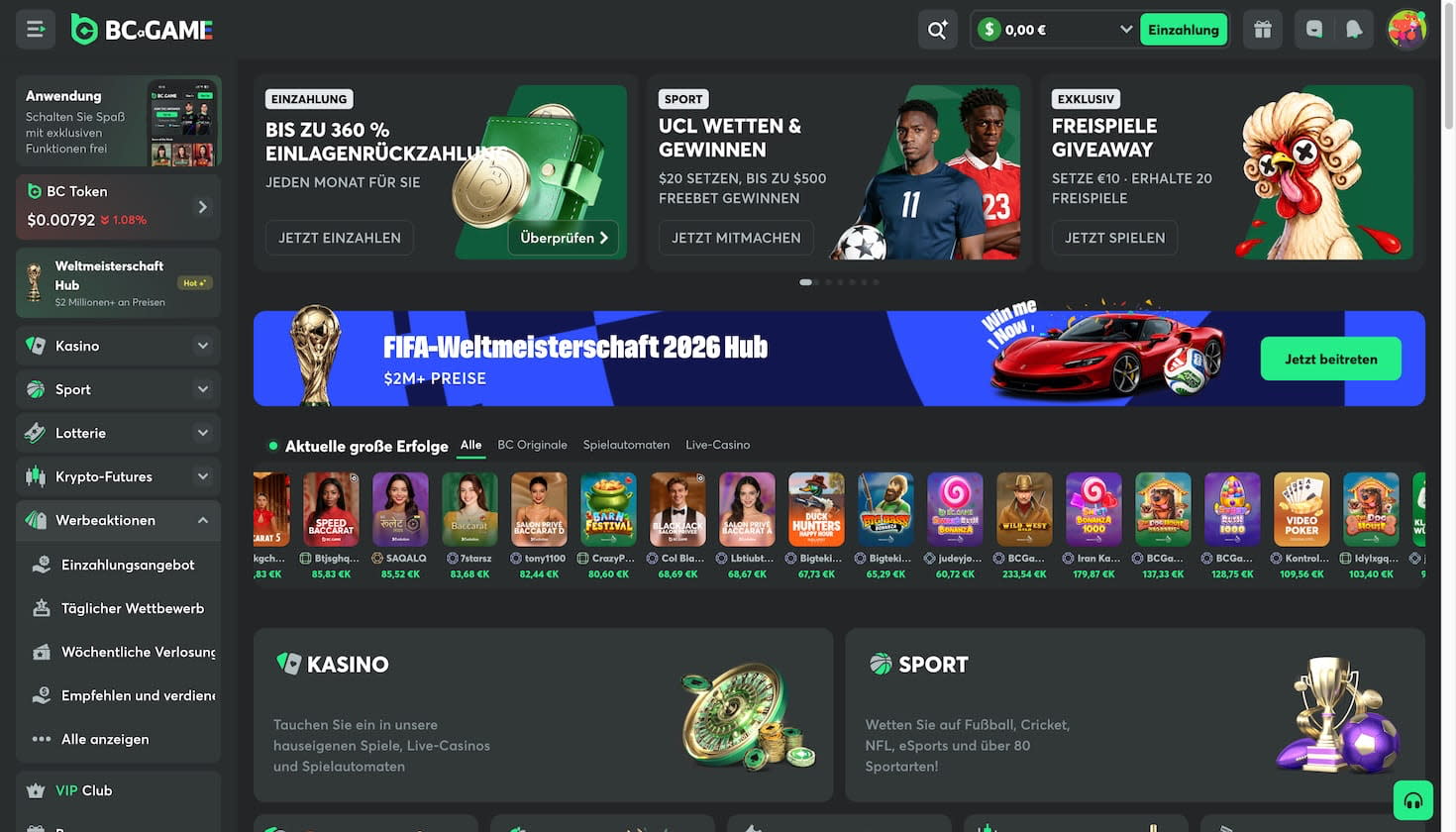 Die Startseite des BC.Game Casinos