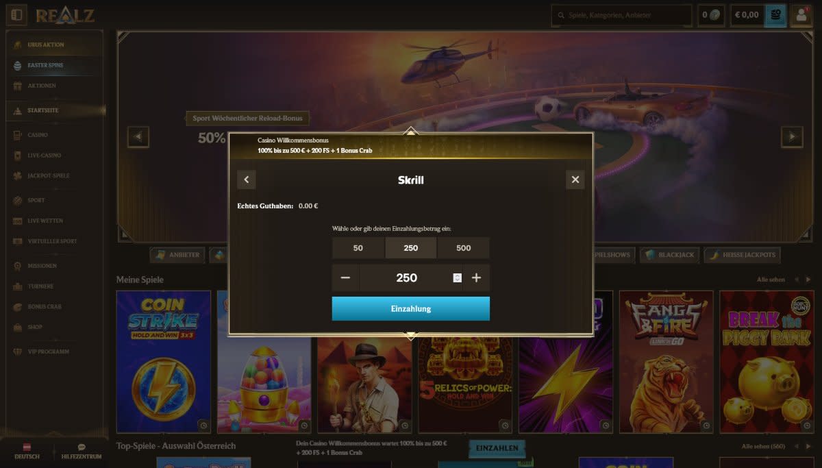 Screenshot der Einzahlung per Skrill im Realz Casino