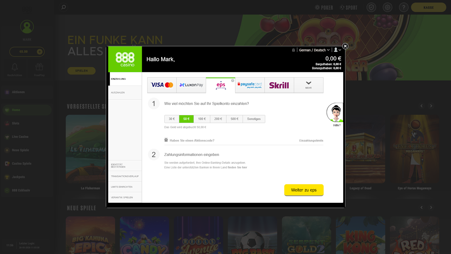 Screenshot of selecting eps at 888Casino