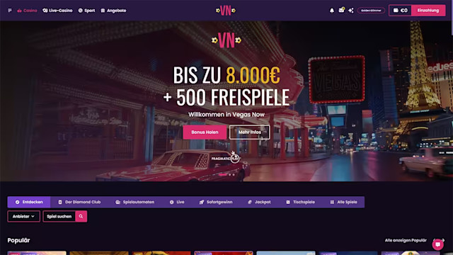 Landingpage des Vegas Now Casinos