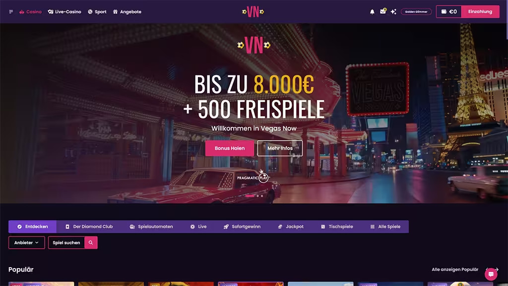 Landingpage des Vegas Now Casinos