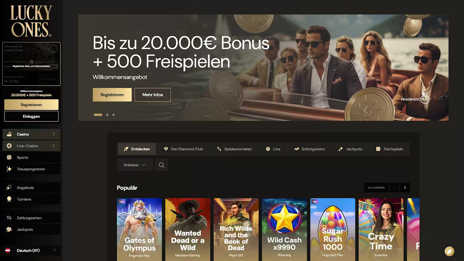 Landingpage des Lucky Ones Casinos