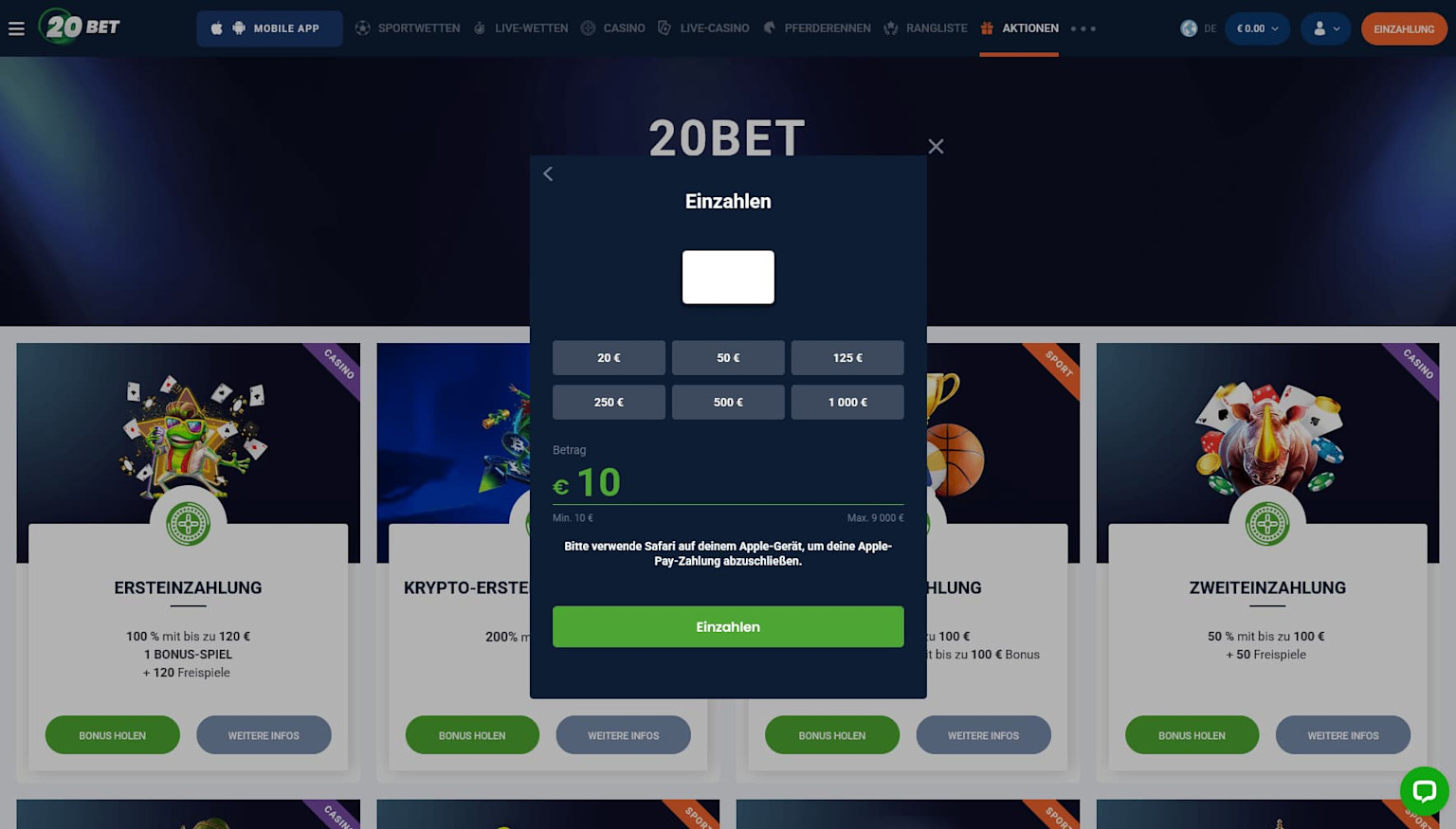 Mit Apple Pay im 20Bet Casino bezahlen