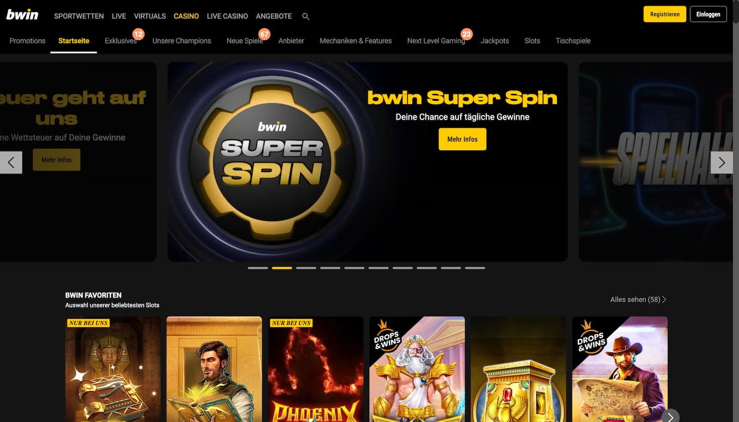 Startseite des bwin Casinos