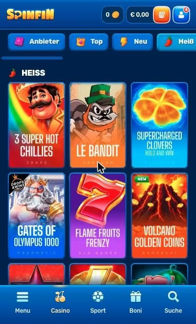Mobile Ansicht des SpinFin Casinos