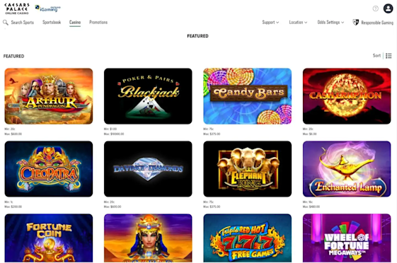 Caesars Palace displaying the featured slot games