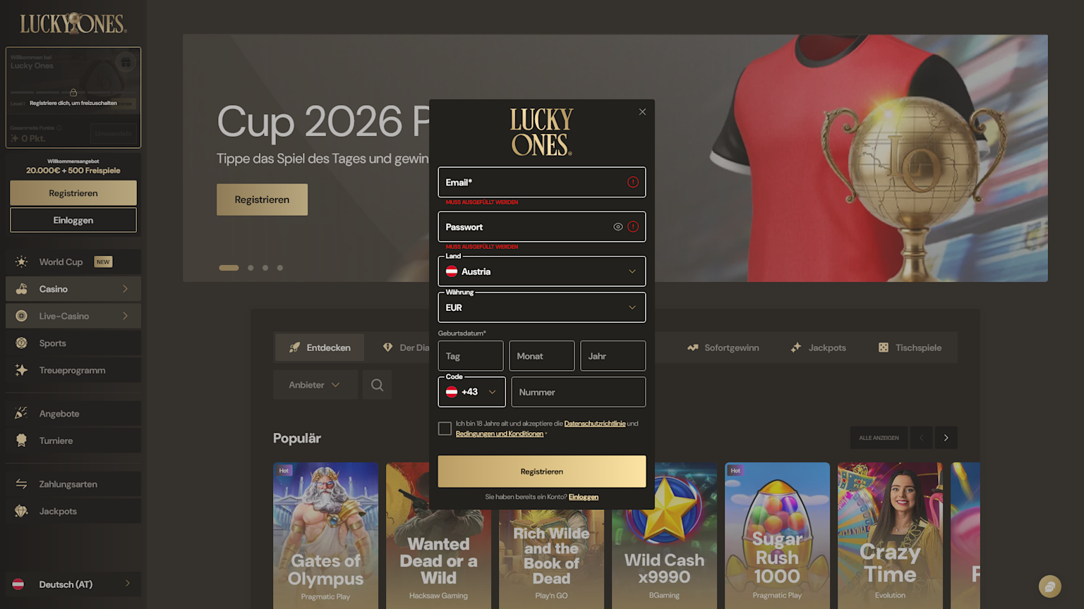 Screenshot der Registrierung im Lucky Ones Casino