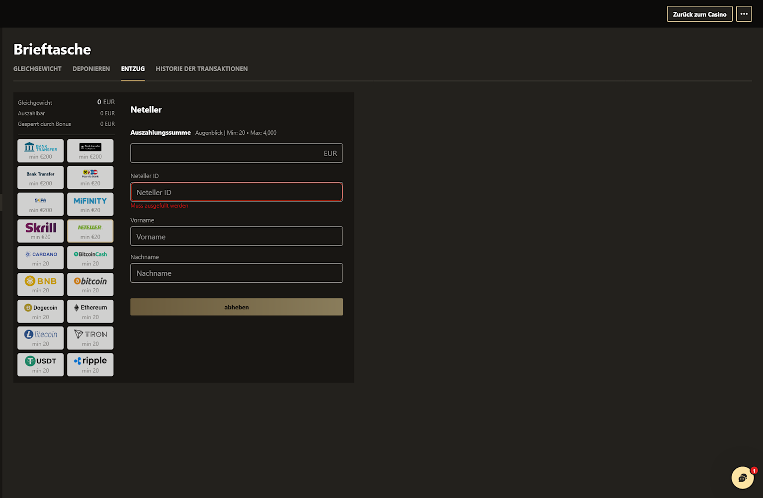 Screenshot of how to deposit money at Realz