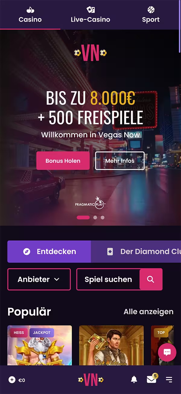 Mobile Ansicht des Vegas Now Casinos