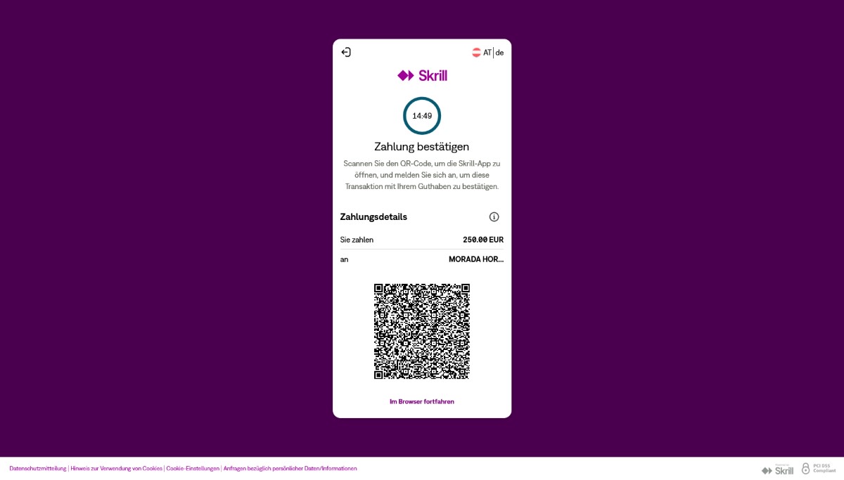 Screenshot der Zahlungsbestätigung per Skrill im Realz Casino