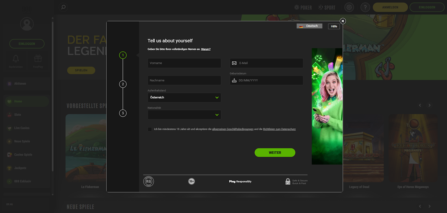 Screenshot of the registration page at 888Casino