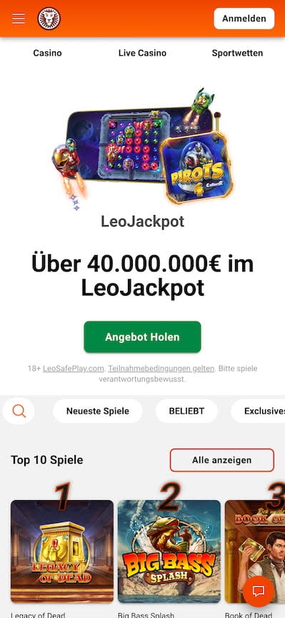mobile Ansicht des LeoVegas Casinos