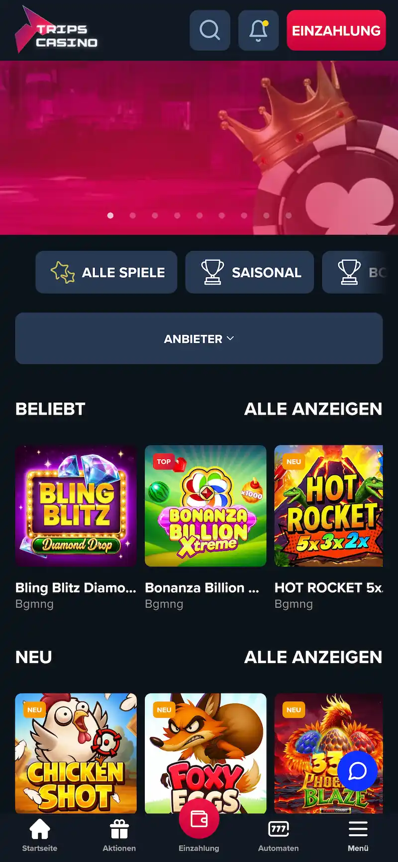 Mobile Ansicht des Trips Casinos