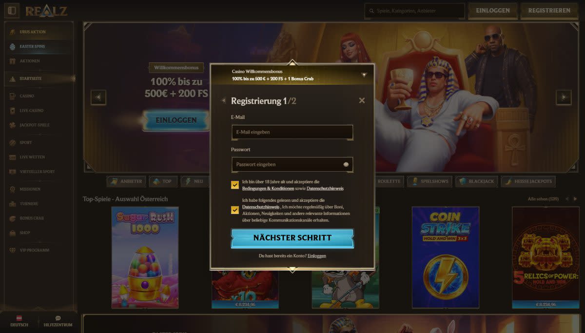 Screenshot der Anmeldeseite im Realz Casino