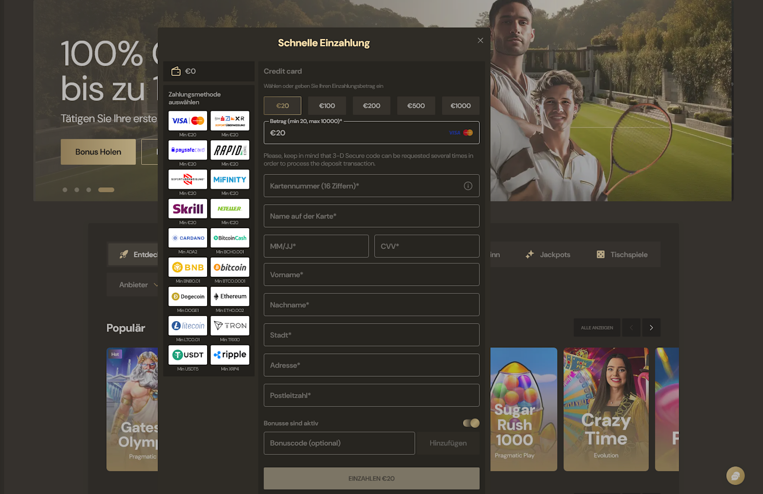 Screenshot der Einzahlung im Lucky Ones Casino