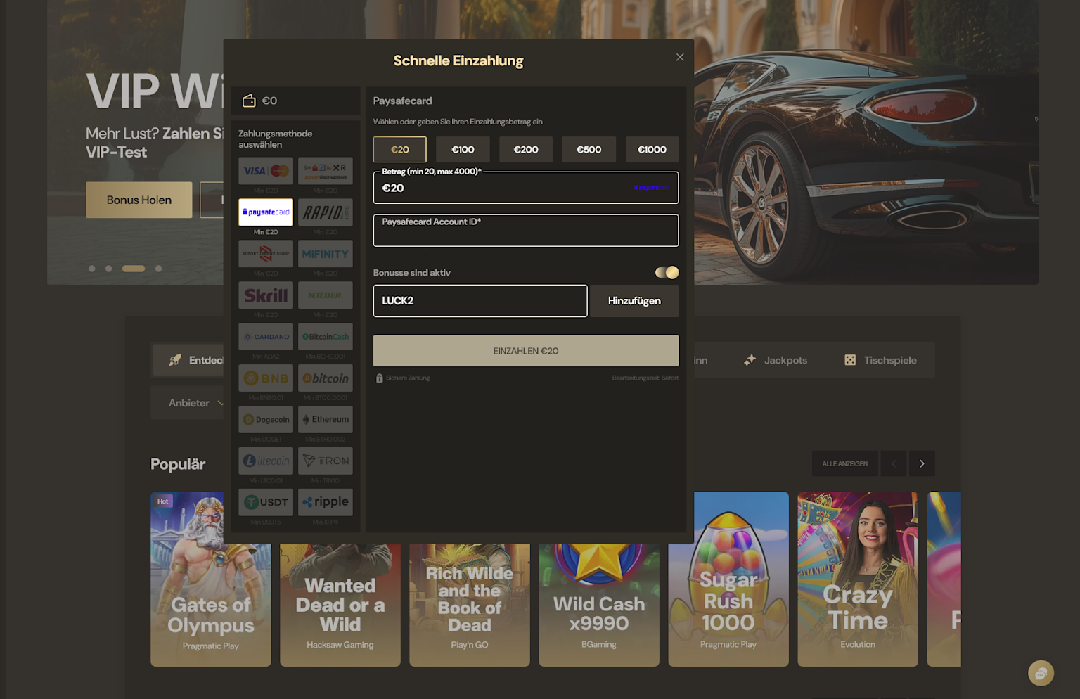 Screenshot der Bonusaktivierung im Lucky Ones Casino