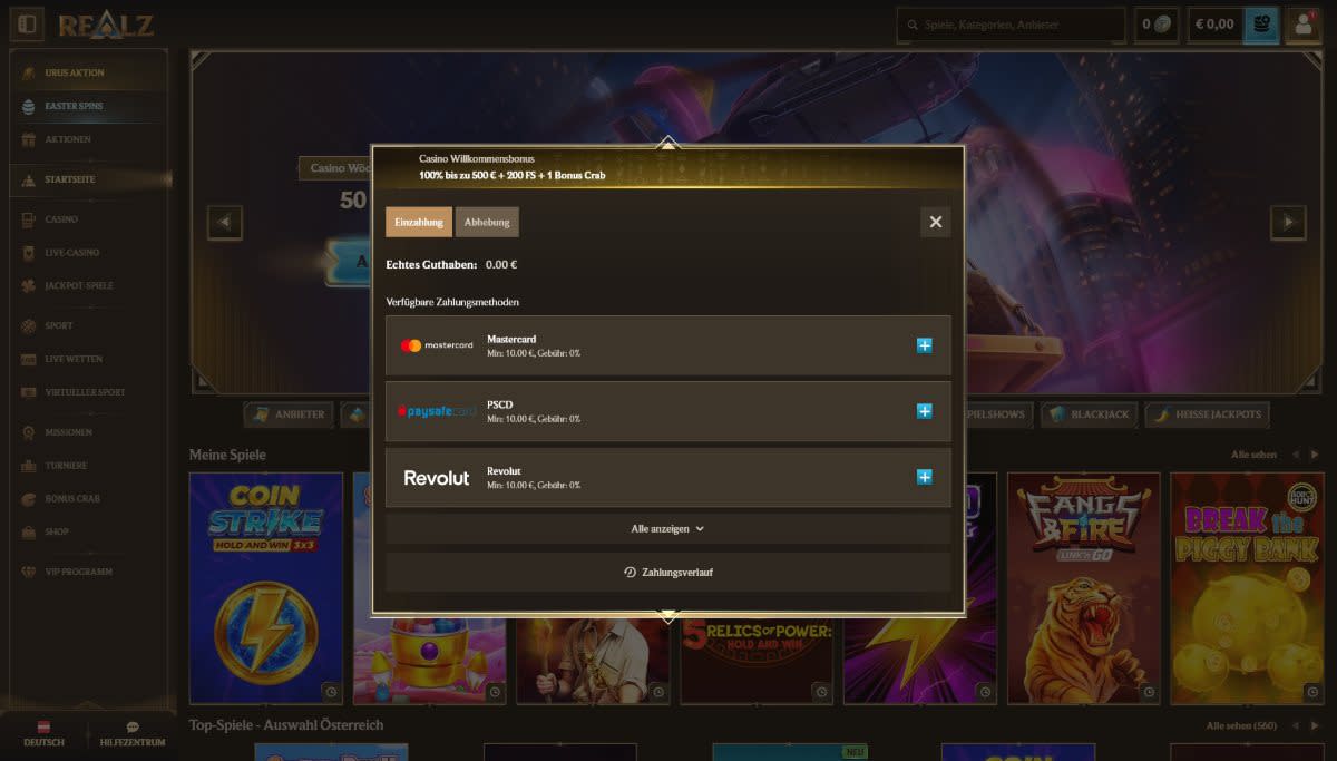 Screenshot des Einzahlungsbereichs im Realz Casino