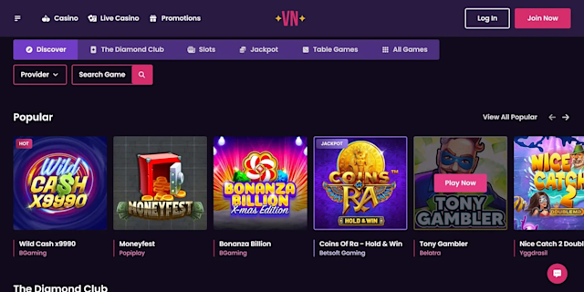 The homepage layout showcasing the popular games available at Vegas Now