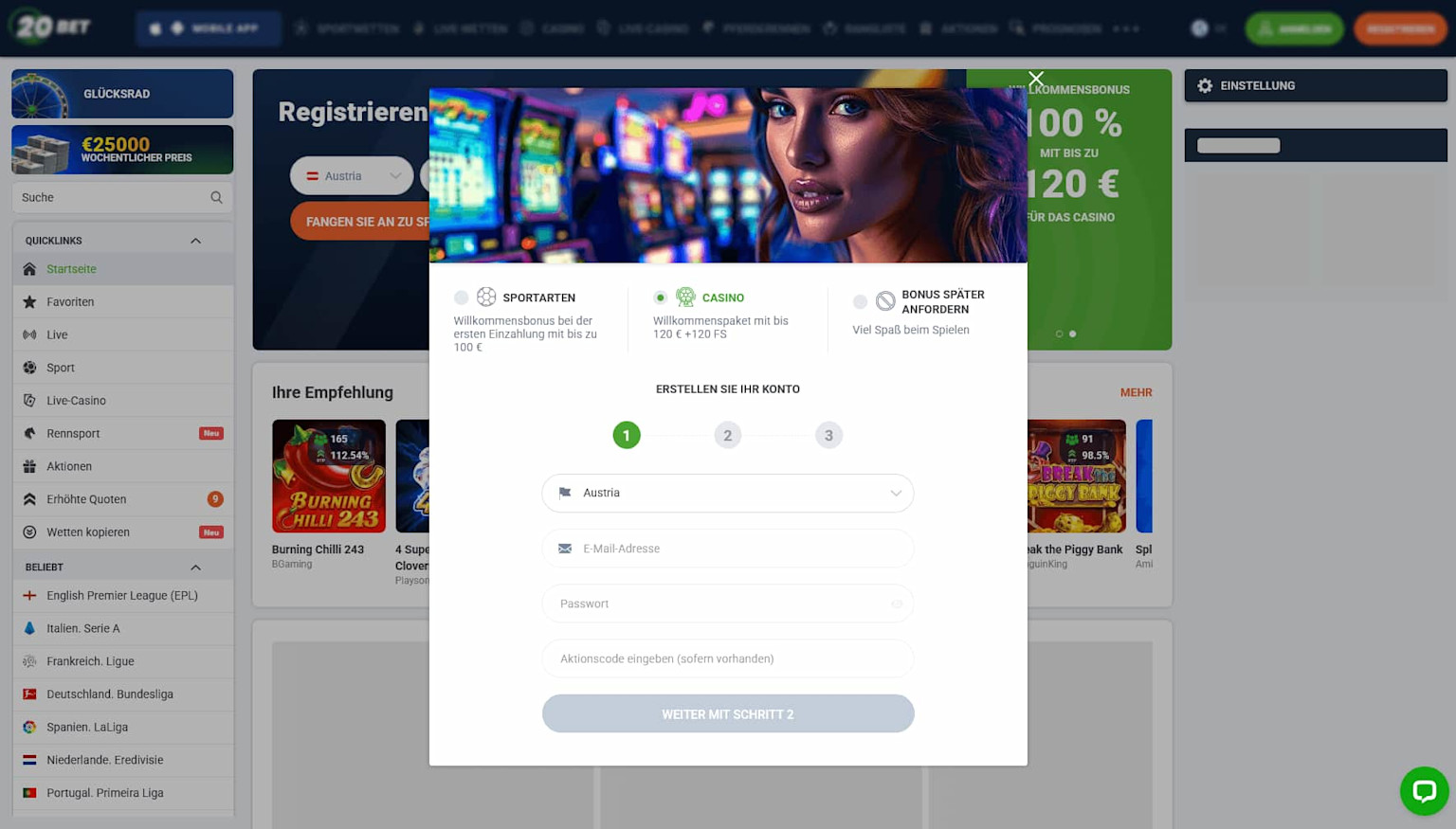 Im 20 Bet Casino anmelden