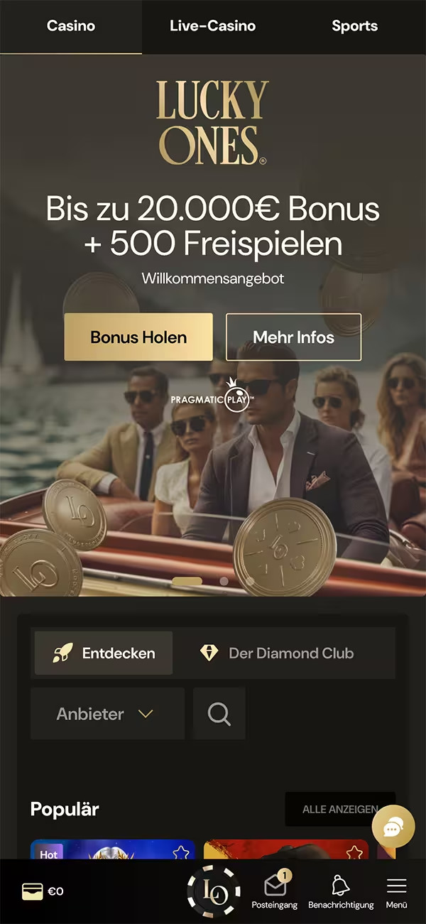 Mobile Ansicht des Lucky Ones Casinos