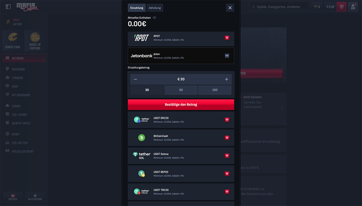 Screenshot of how to claim a bonus and make a deposit via Jeton at MafiaCasino