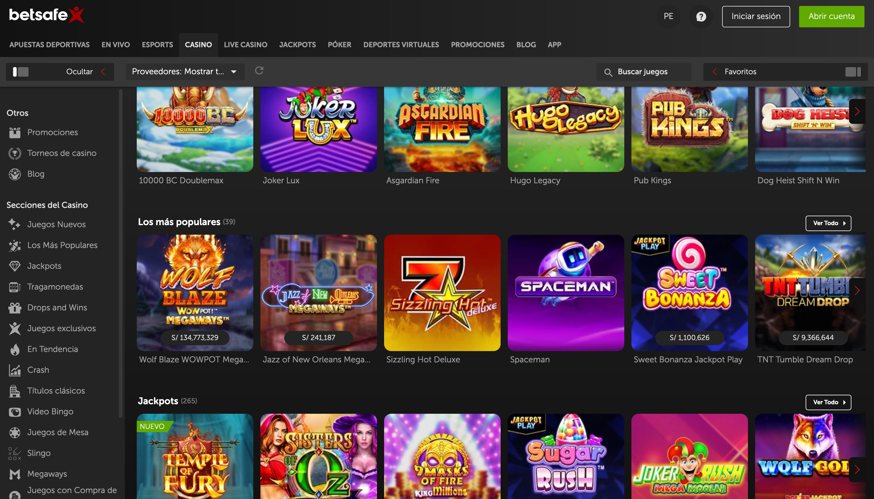 Juegos de casino en Betsafe Perú