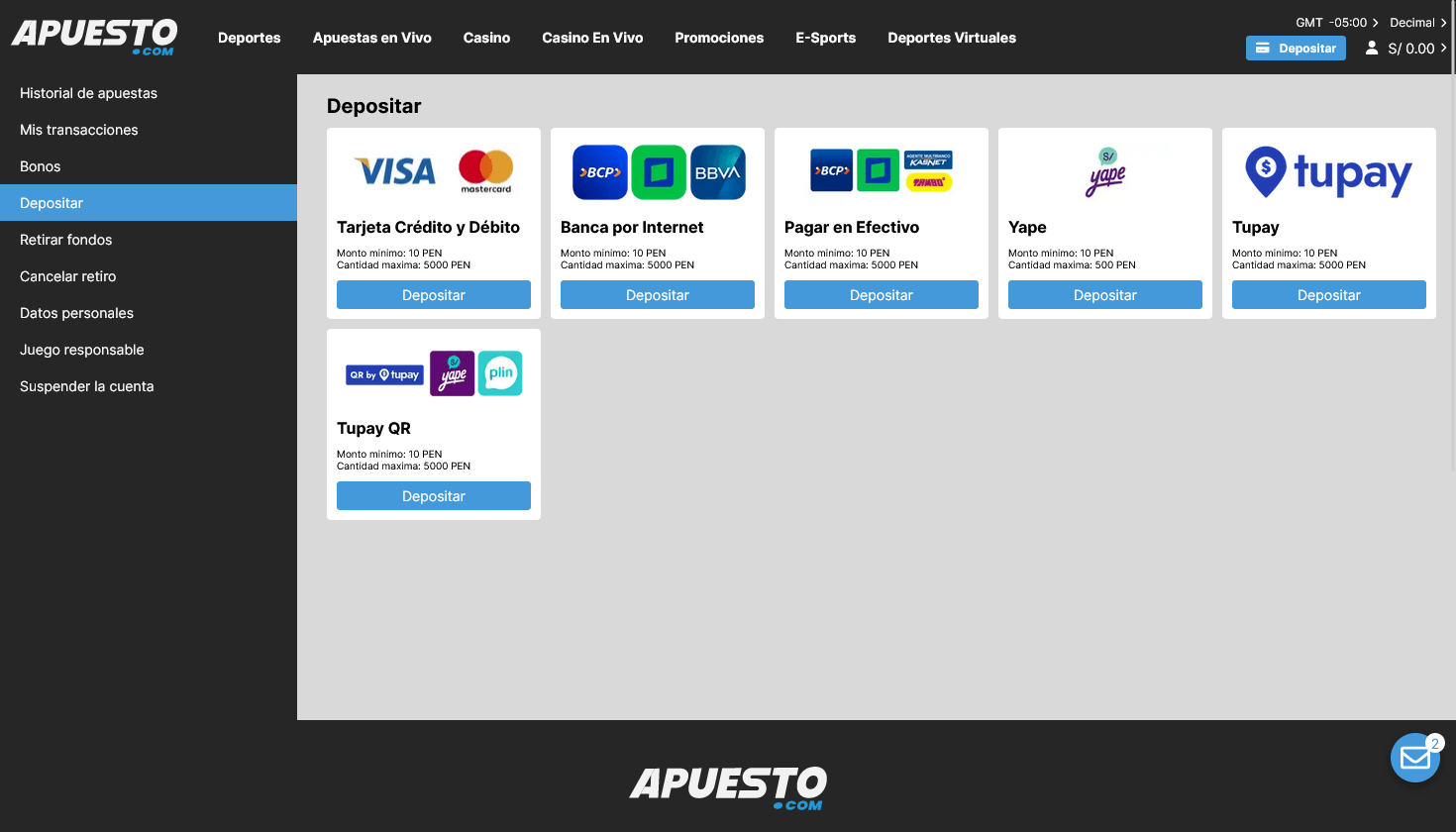 Apuesto Casino Perú Métodos de depósito