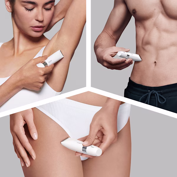 Üç panelli görsel: Braun BS1000 ile koltuk altı tüylerini alan bir kadın; karnını tıraş eden kaslı bir erkek; beyaz külot giyen ve bikini bölgesini düzelten bir kadın. Üç panelli görsel: Braun BS1000 ile koltuk altı tüylerini alan bir kadın; karnını tıraş eden kaslı bir erkek; beyaz külot giyen ve bikini bölgesini düzelten bir kadın.