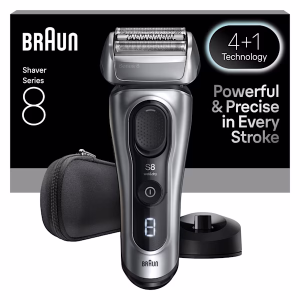 Braun Series 8 8617s tıraş makinesi, seyahat kılıfı ve şarj standı ile. Braun Series 8 8617s tıraş makinesi, seyahat kılıfı ve şarj standı ile.