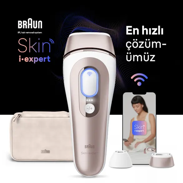 Ortada IPL cihazı, arkasında bir çanta, ekranında Skin i·expert uygulaması açık olan bir mobil cihaz ve iki ek parça