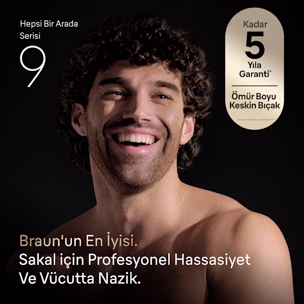 Braun All-in-One Series 9 ile gülümseyen adam, hassas bakım ve vücut hassasiyetini ön plana çıkarıyor. Braun All-in-One Series 9 ile gülümseyen adam, hassas bakım ve vücut hassasiyetini ön plana çıkarıyor.
