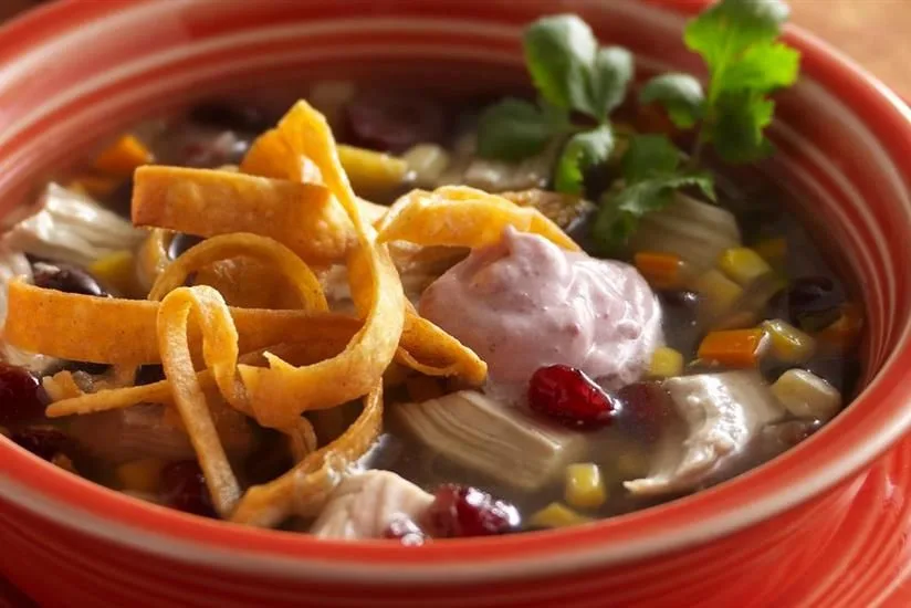 Kickin’ Chicken Tortilla Soup with Zesty Cranberry Crème Fraîche